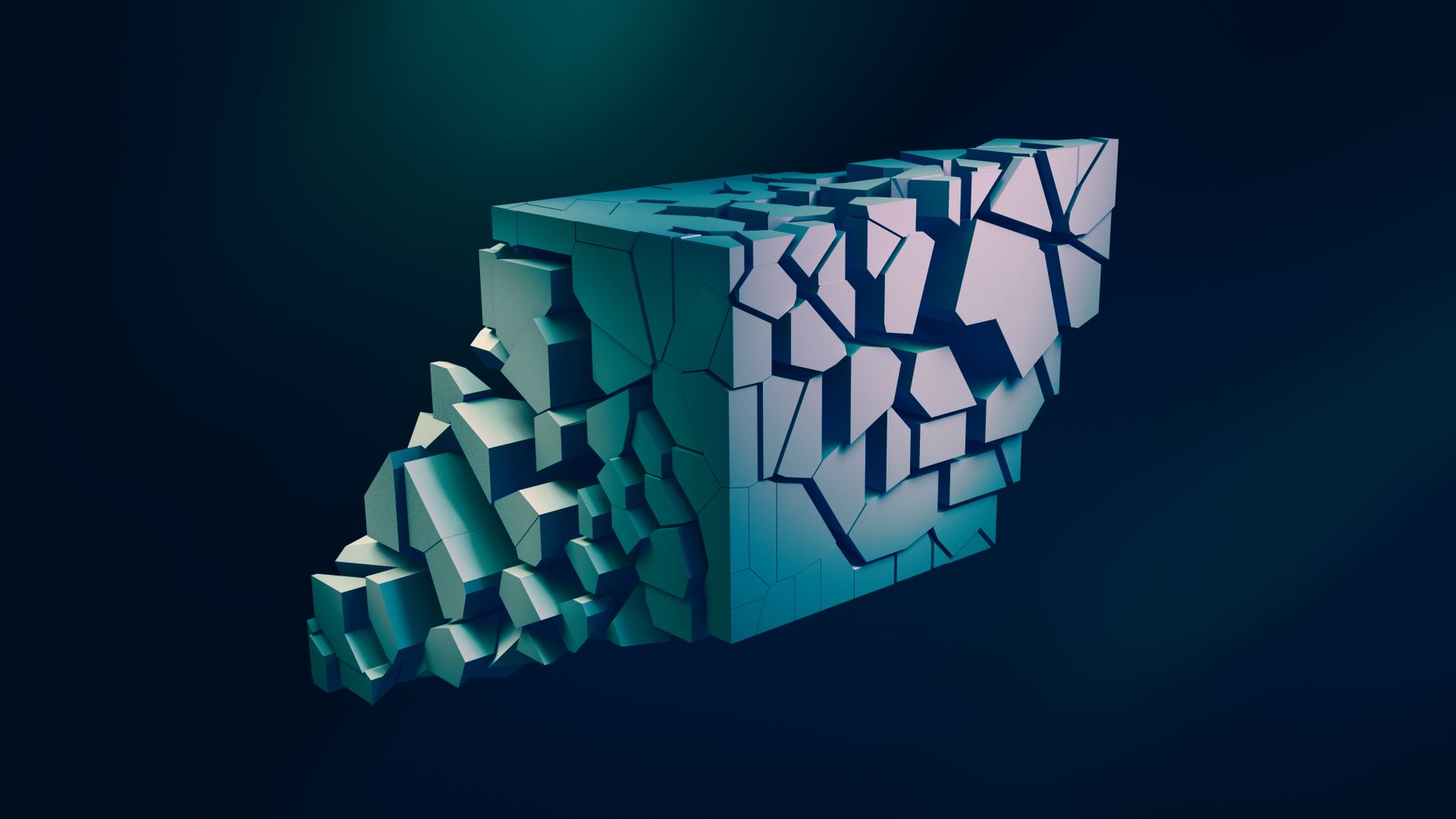 A digital artwork featuring a fragmented cube with a geometric design, rendered in a modern conceptual style.