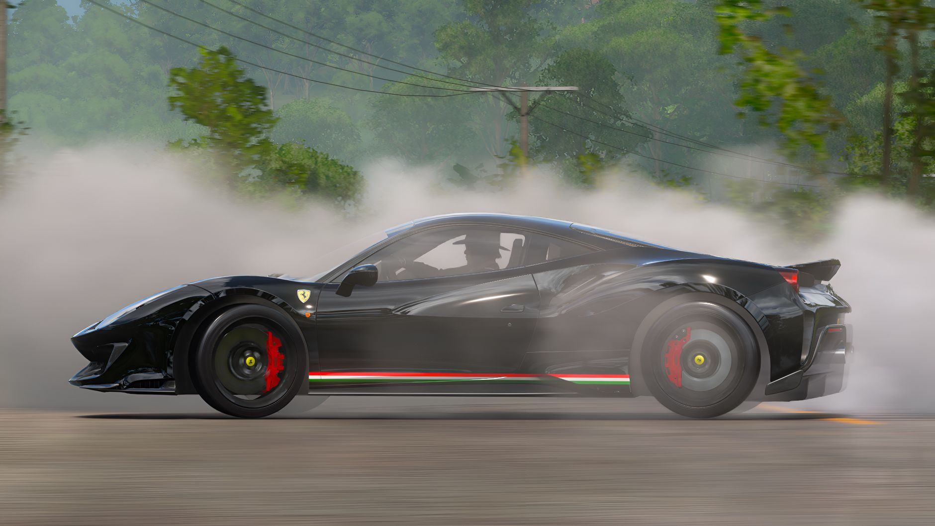High-speed black sports car drifting on road with smoke clouds.