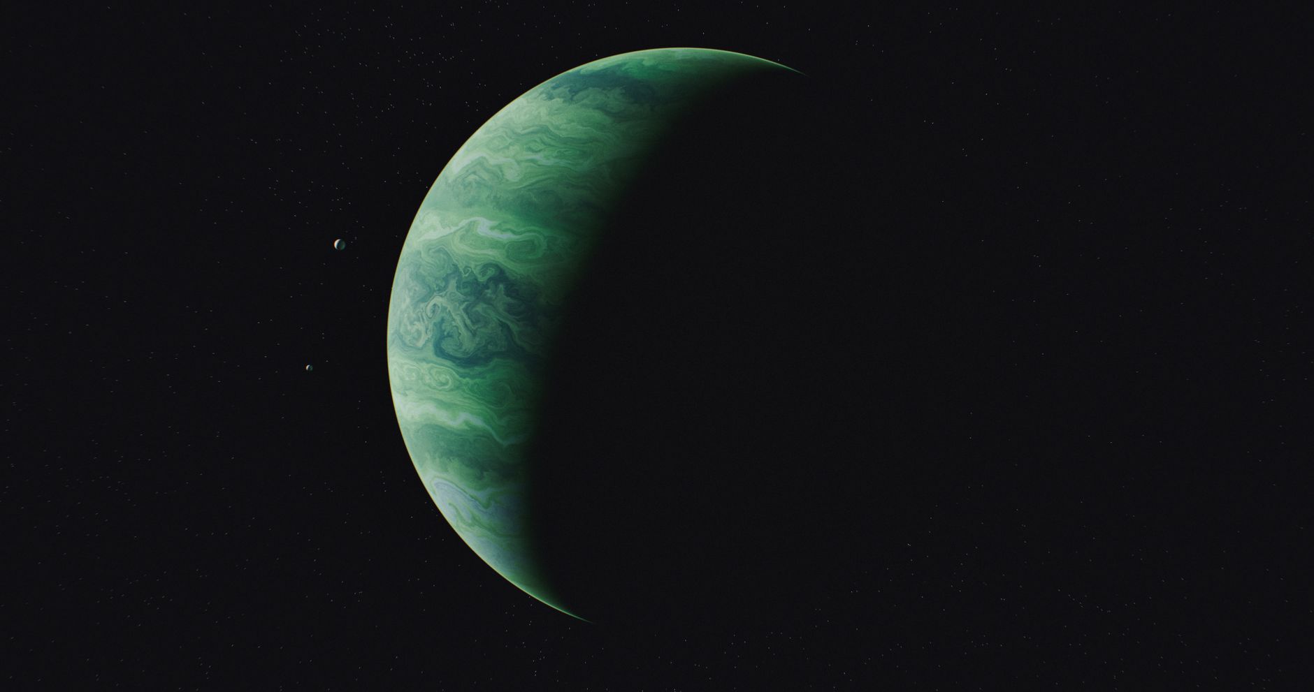 A striking 3D render of a green alien planet with a dark background, evoking science fiction themes.
