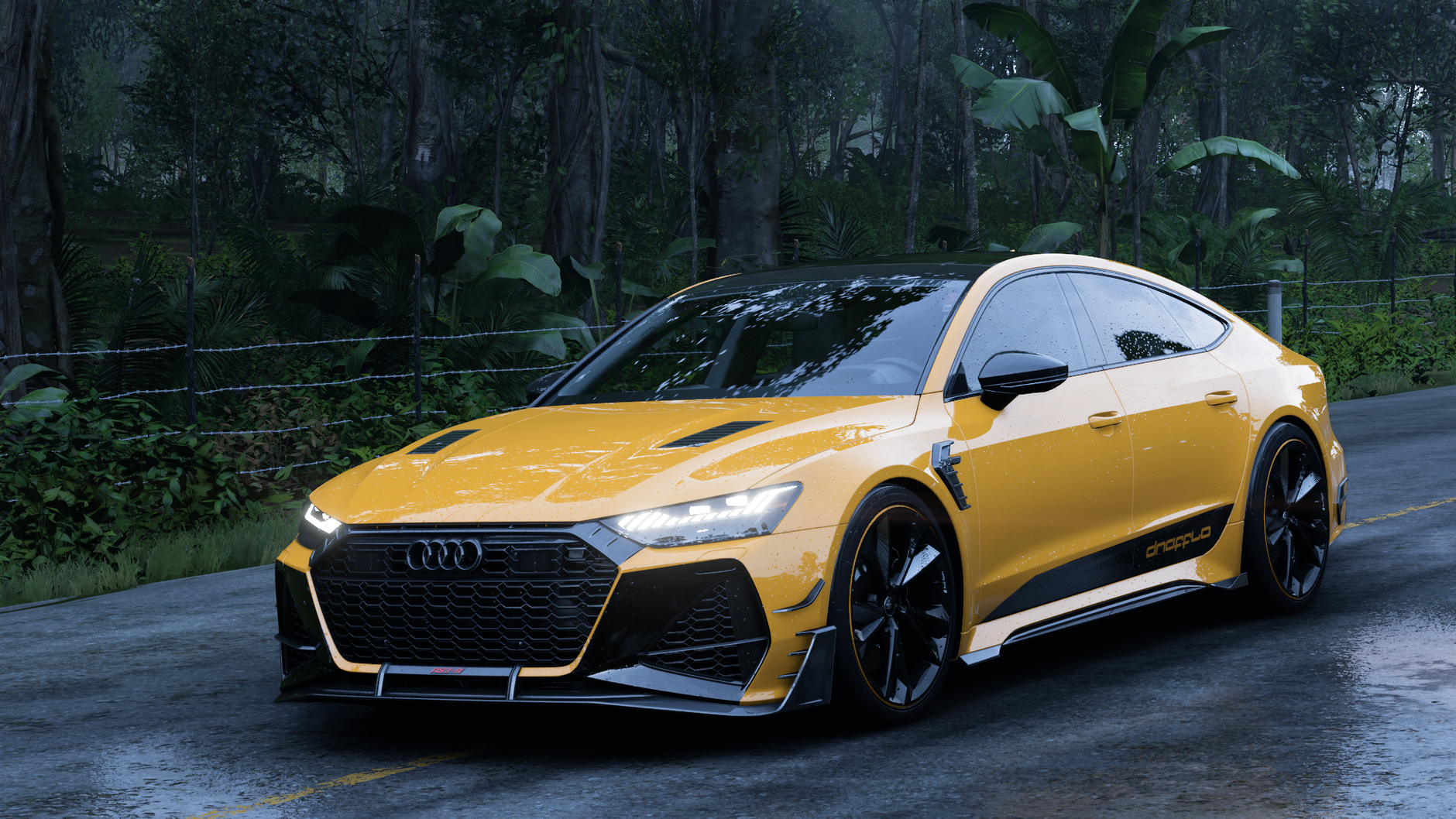 A sleek yellow sports car, wet from rain, on a jungle road in Mexico. Modern and dynamic automotive design.