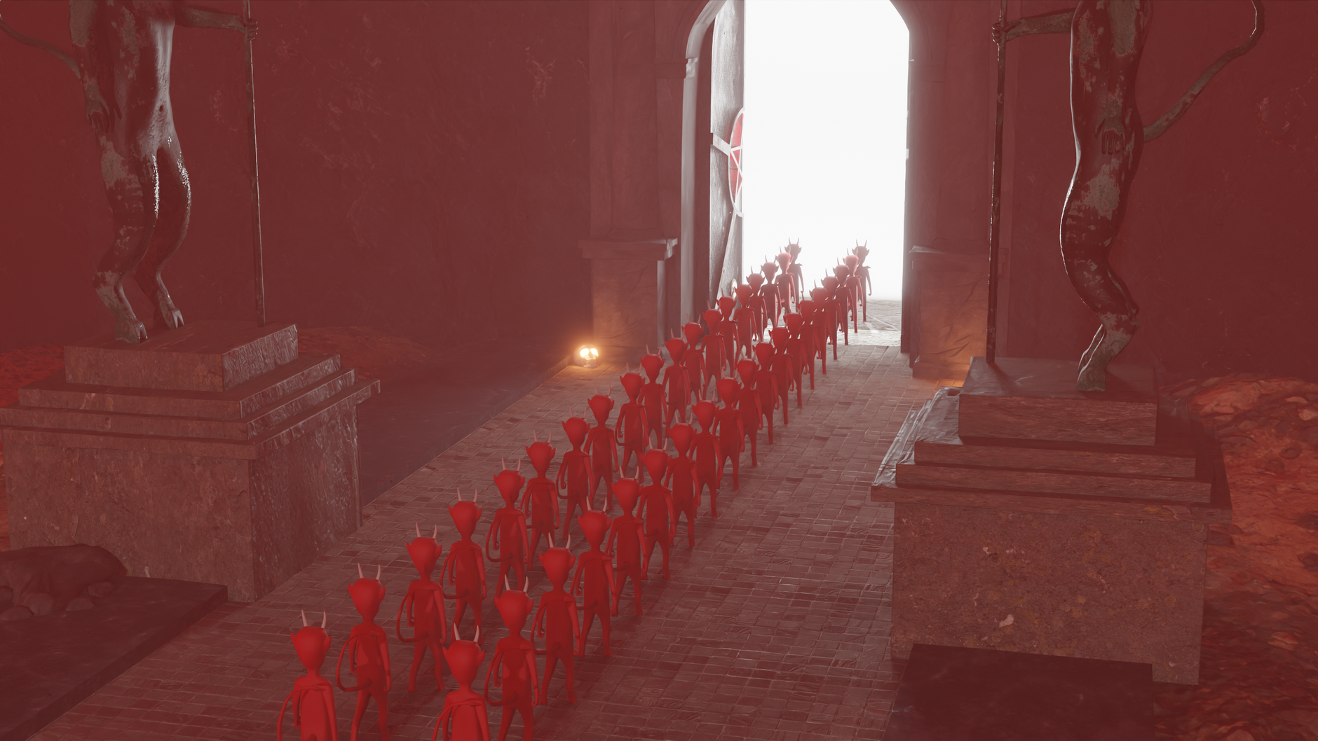 Dark fantasy scene showcasing red demonic figures entering through a mysterious gate.