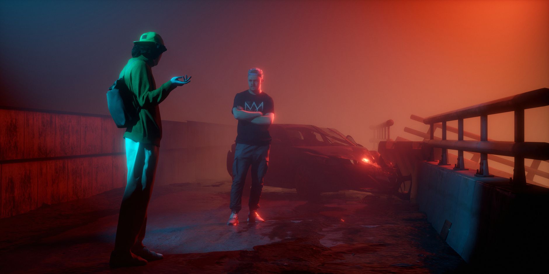 Moody 3D render capturing an urban scene with dramatic lighting and fog.