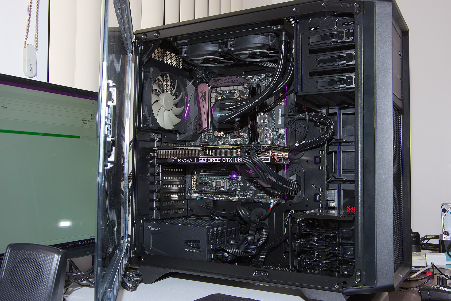 A look inside the completed Astaroth PC build, after a bit of cable management work and RGB lighting configuration.