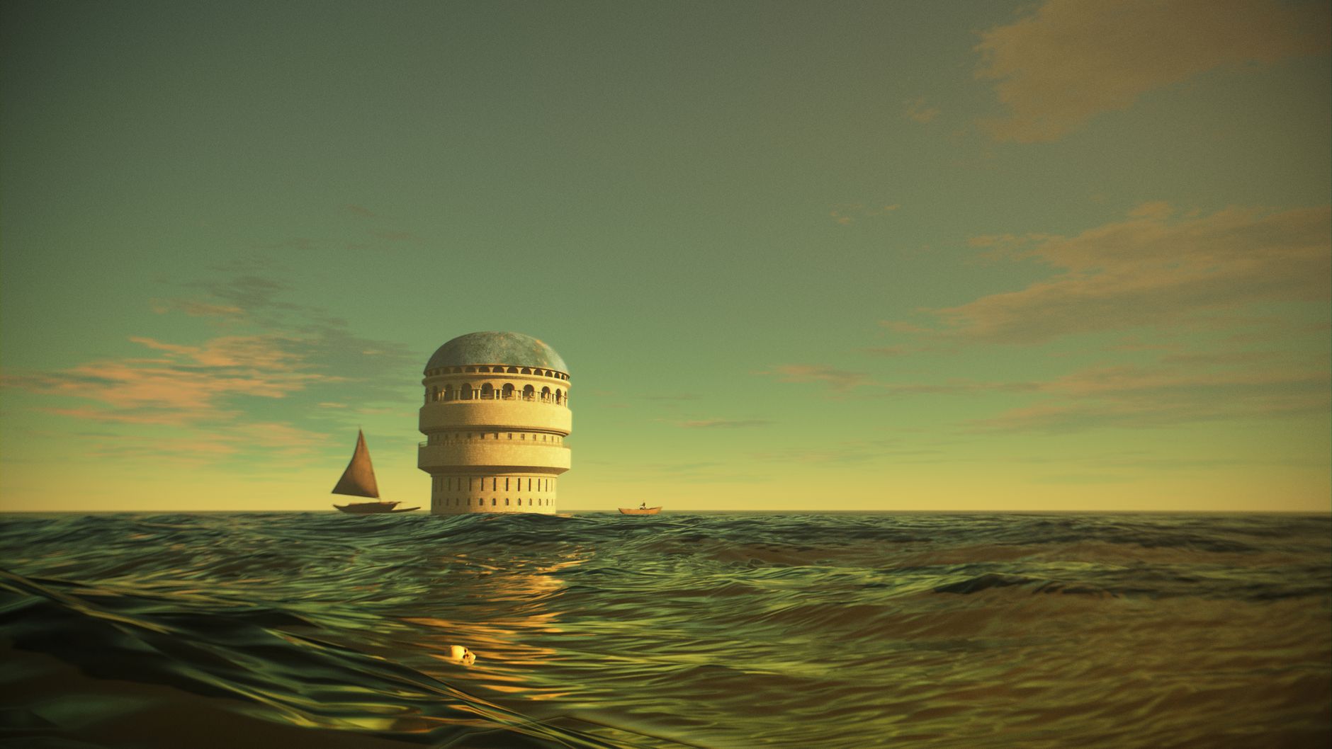A surreal scene of a lone tower and sailboat on a calm ocean at sunset, evoking mystery and adventure.