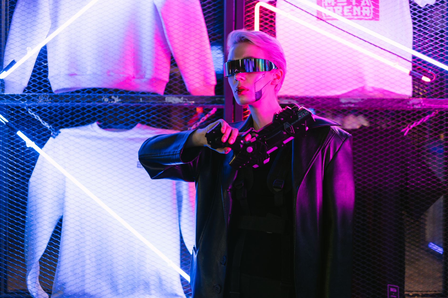 A futuristic woman in a cyberpunk outfit with neon lights and eyewear.