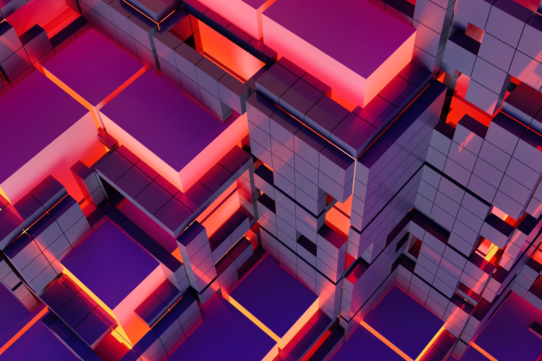 Vibrant abstract 3D render with geometric cubes and bold colors, perfect for digital backgrounds.