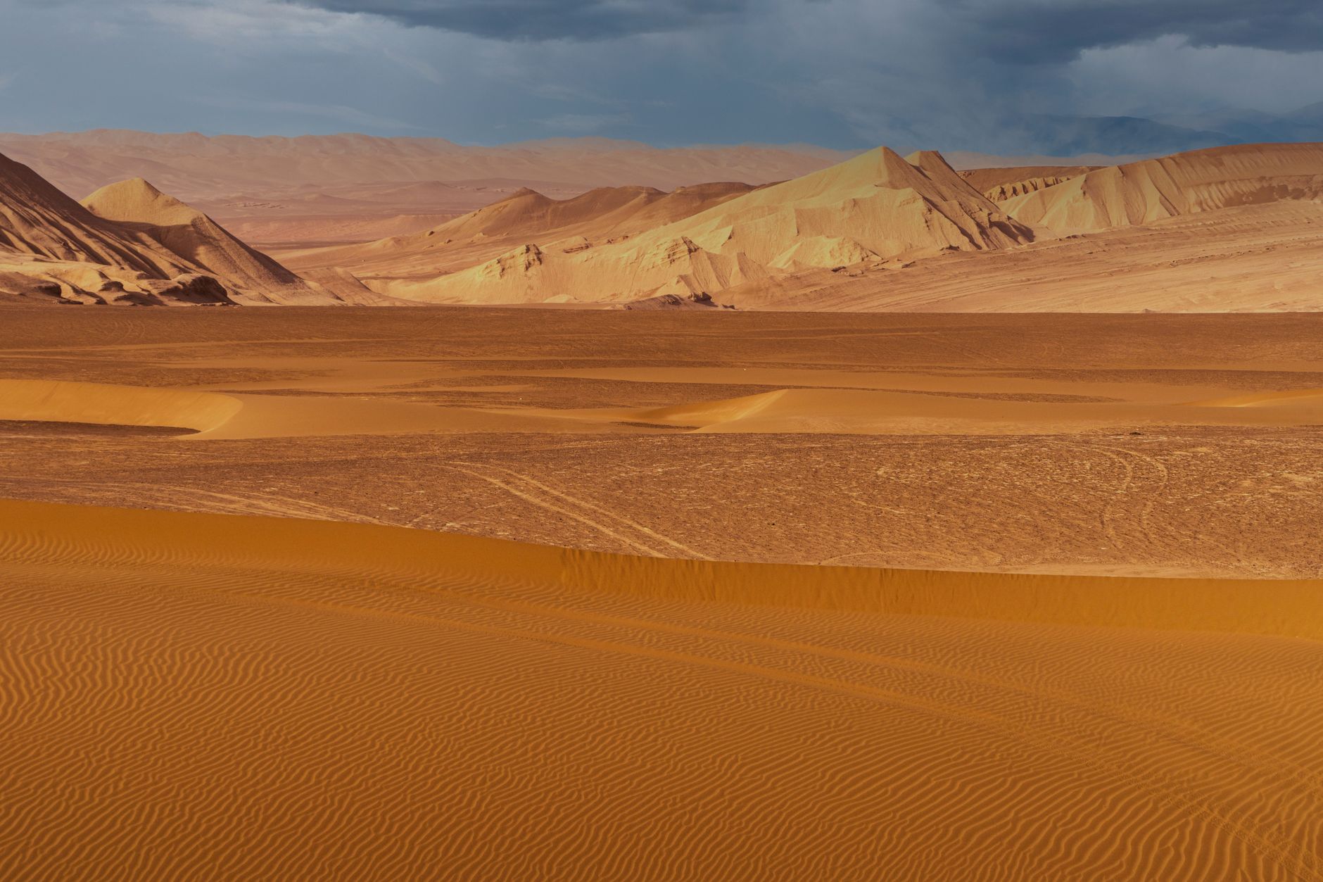 A breathtaking view of endless desert sand dunes under a dramatic sky, capturing the beauty of an arid landscape.